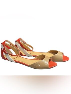 Tahari “Fluer” Red and Tan Open-Toe Ankle-Strap Sandals Sz 10M EUC